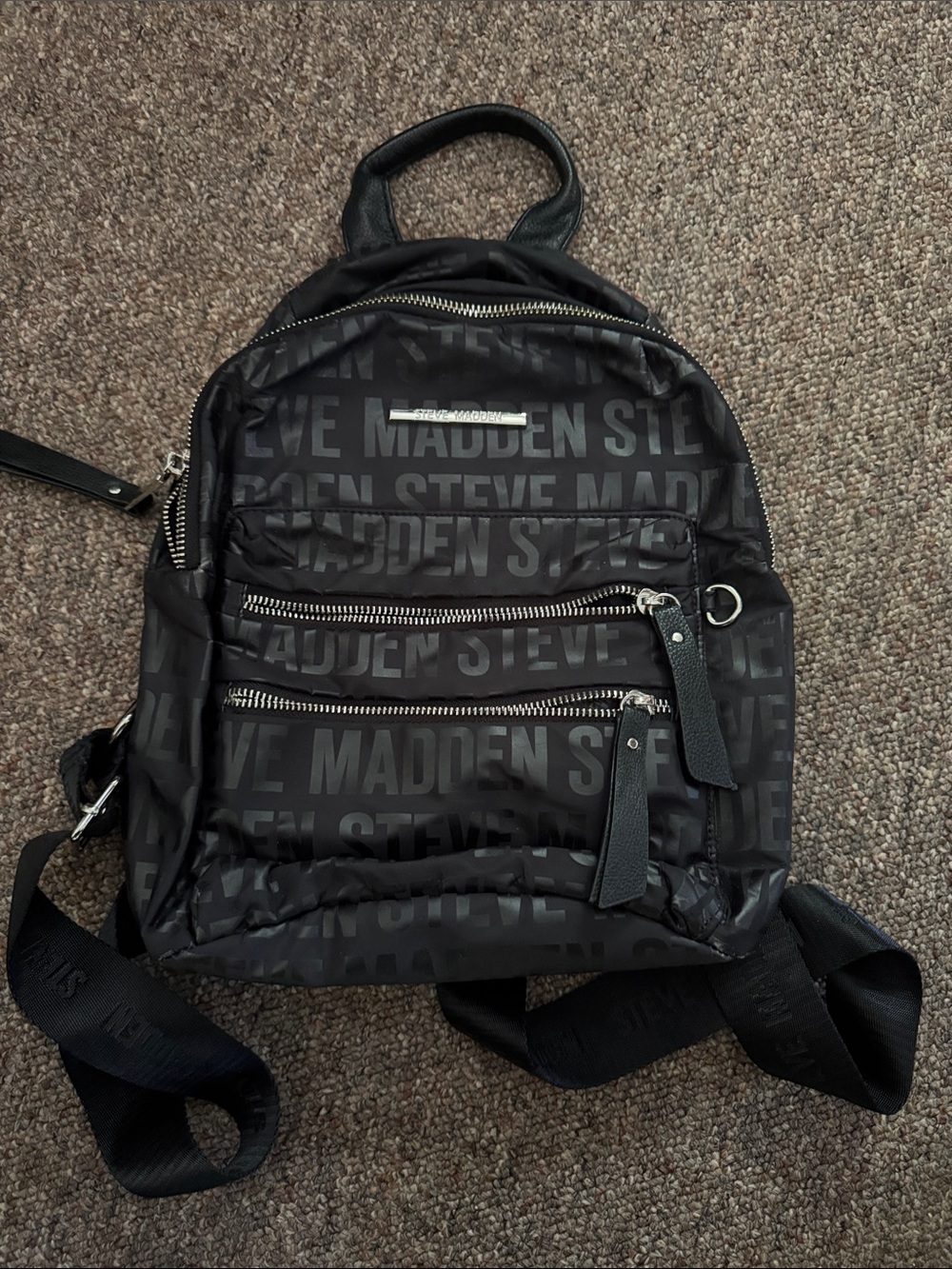 Steve Madden Black Logo Mini Backpack with Silver Hardware